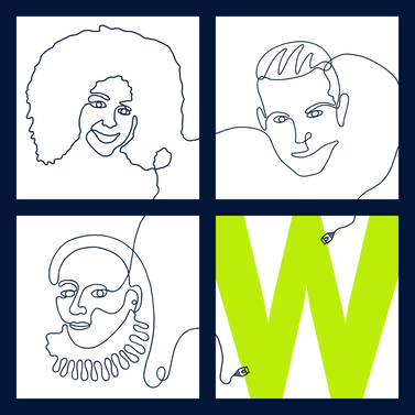 Four dark blue boxes arranged in a square. Three of the boxes have line drawings of faces. The fourth box has a large green W. The line drawings connect to one another and to the W.